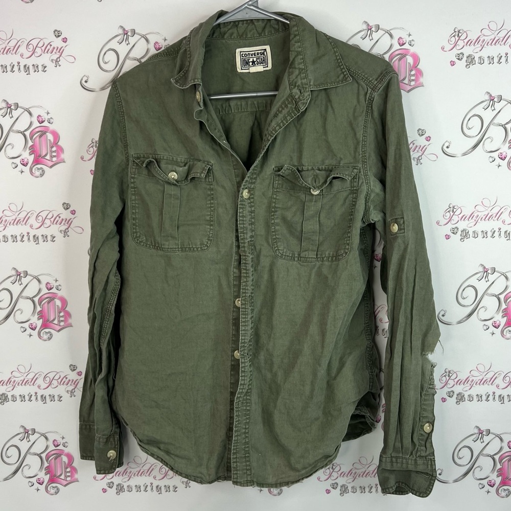 Converse button down shirt green military cargo style One Star Green Fabric
